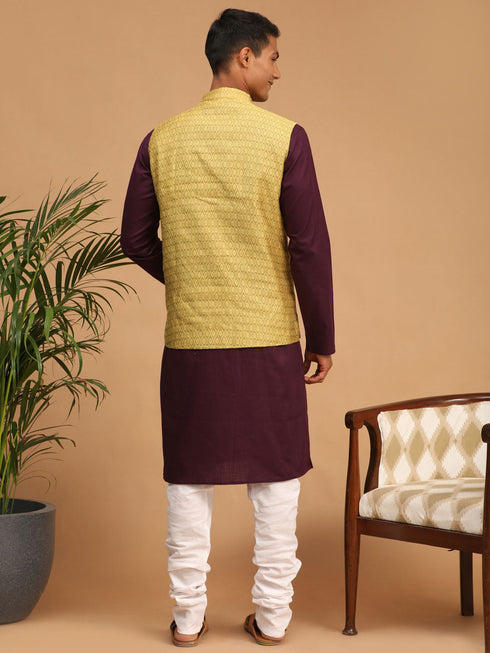 Vastramay Men's Yellow Jacquard Nehru Jacket with Kurta Pyjama Set